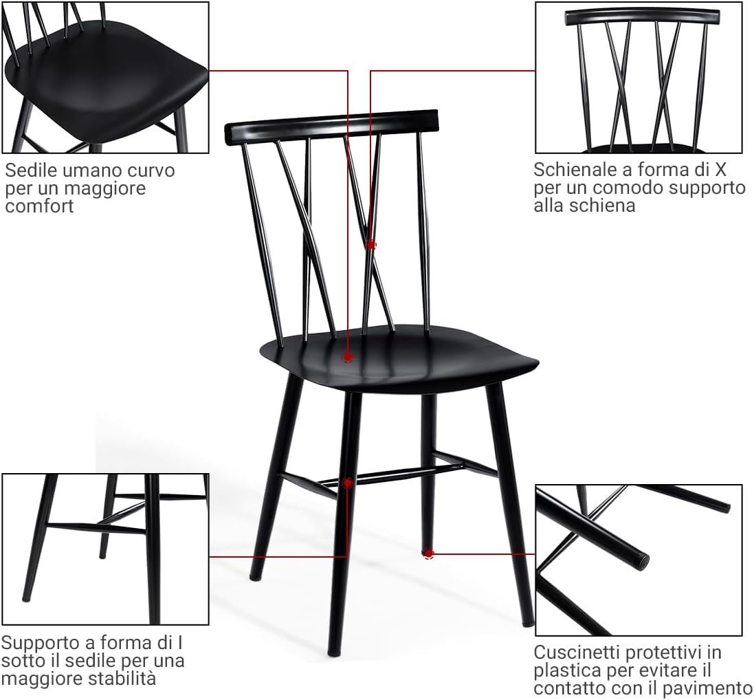 Set di 2 Sedie da Sala Pranzo, Sedie Senza Braccioli da Interno ed Esterno con Altezza della Seduta 43,5 CM e Schienale a Doppia X, 2 Sedie da Cucina, Salotto e Sala da Pranzo