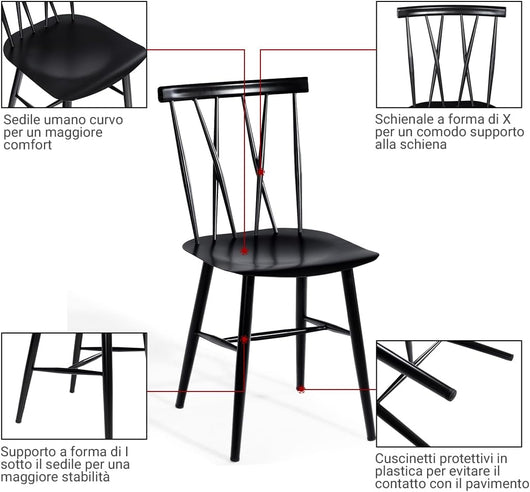 Set di 2 Sedie da Sala Pranzo, Sedie Senza Braccioli da Interno ed Esterno con Altezza della Seduta 43,5 CM e Schienale a Doppia X, 2 Sedie da Cucina, Salotto e Sala da Pranzo