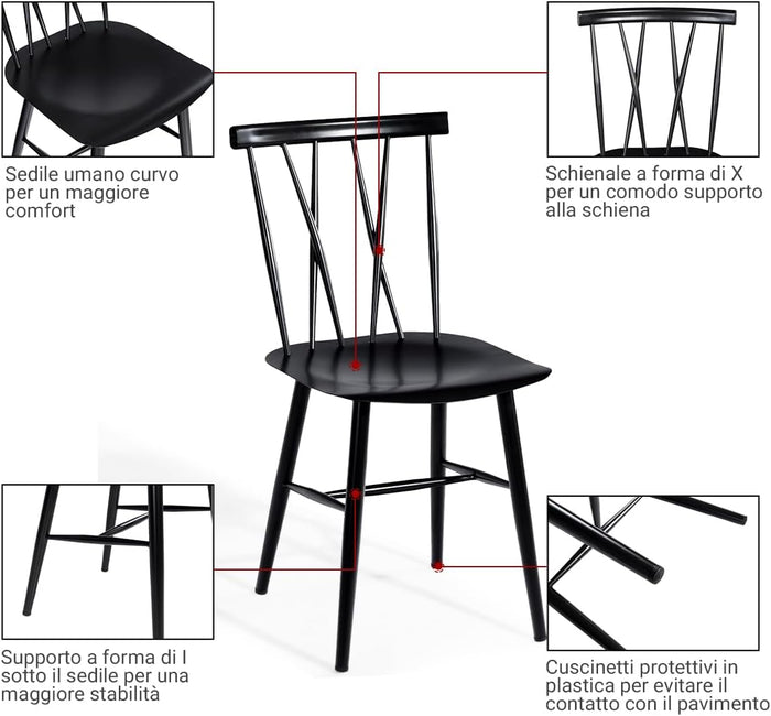 Set di 2 Sedie da Sala Pranzo, Sedie Senza Braccioli da Interno ed Esterno con Altezza della Seduta 43,5 CM e Schienale a Doppia X, 2 Sedie da Cucina, Salotto e Sala da Pranzo