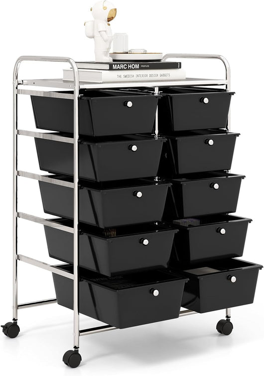 Carrello a 10 Cassetti con Ruote, Carrello di Stoccaggio con Stabilità Elevata, Carrello Multiuso per Casa Ufficio e Scuola, 65,5 x 37 x 87 cm (Nero)