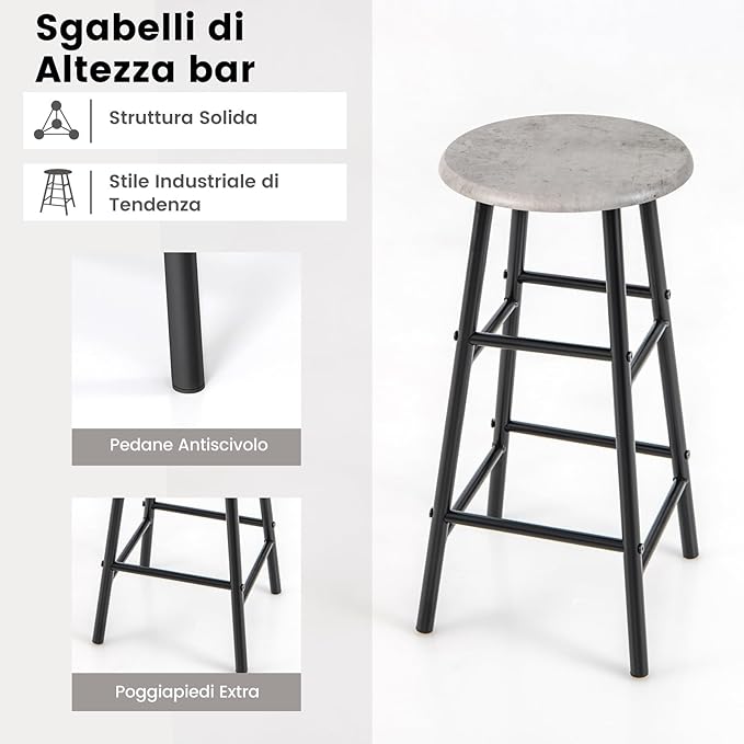 Set 3 Pezzi Tavolo e Sedie da Bar, Tavolo e Sgabelli da Pub Industriale con Porta Calici e 6 Portabottiglie da Vino, Set di Tavolo per Sala da Pranzo, Ristorante e Bar (Grigio)