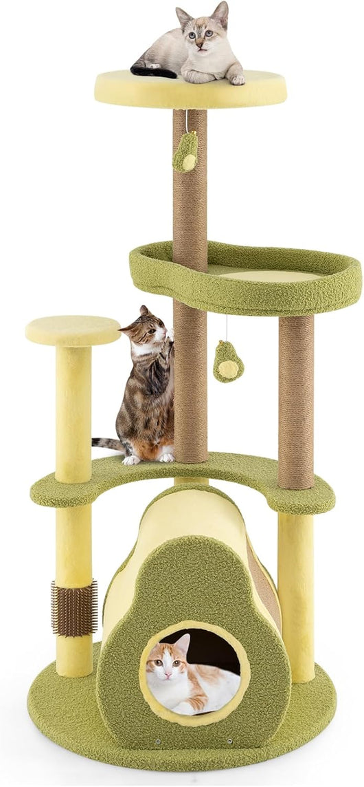 Albero per Gatti Multilivello 125 cm Stile Avocado, Tiragraffi Gatto con 3 Pali in Sisal, 4 Piattaforme, 2 Pompon e Grotta, Cuccia Albero Gatto Imbottito in Peluche con Tavola di Juta
