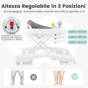 3 in 1 Girello per Bambini, Girello Pieghevole per Bambini, con 3 Altezze Regolabili, Sedile Imbottito e Piatto Giocattolo Rimovibile, Girello a Spinta con Ruote, per Bambini 6+ Mesi (Grigio)