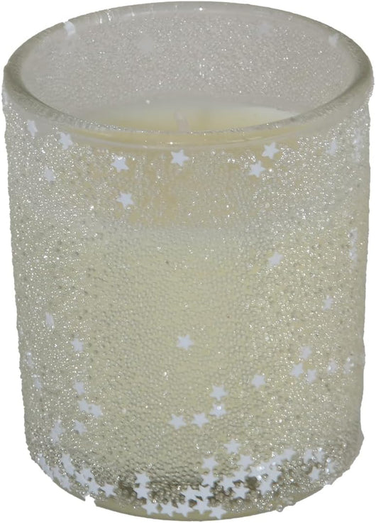Set 4 Candele in Vasetto con Stelle Ghiaccio – Decorazioni Natalizie in Vetro 5,5 x 5,5 x 6,5 cm