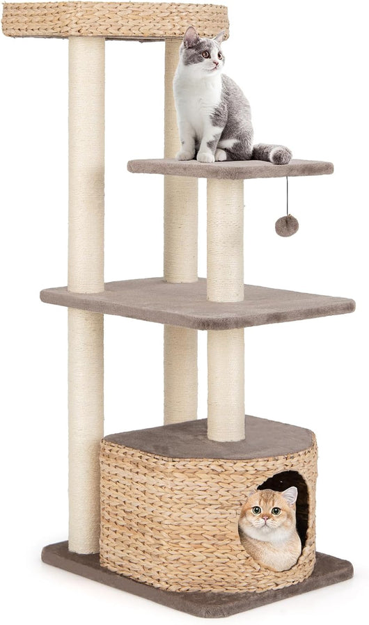 Tiragraffi 131cm, Albero per Gatti con Posti per Graffiare in Sisal, Cuccia di Velluto a Coste, Condo, Pallina Pendente e Cuscini Lavabili, Mobili per Animali Domestici, Caffè e Naturale