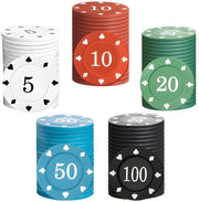 Pokerchip in plastica - 100 pezzi - Stile casinò - Inciso - Set a 5 colori - Adatto per serate di poker - Fiches da poker