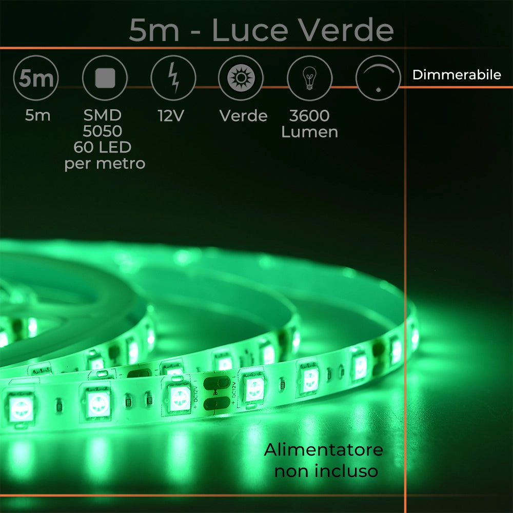 STRISCIA LED 12V VERDE AD ALTA LUMINOSITA' 60 LED/M GRADO DI PROTEZIONE IP65 - IDEALE PER INSTALLAZIONI VERSATILI E FACILE DA APPLICARE CON BIADESIVO 3M