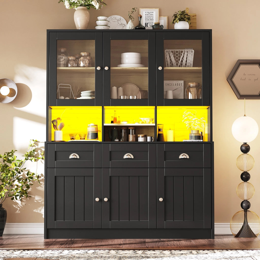 Buffet Cucina con Vetrina e LED ¨C MINIMAL ¨C Bianco/Nero, Ripiani Regolabili, 140x40x175