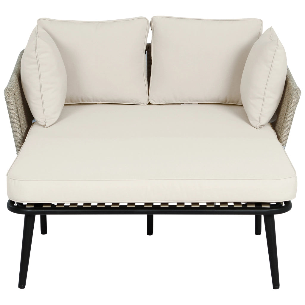Chaise longue da giardino con cuscino spesso e braccioli intrecciati in corda, acciaio zincato, khaki sfoderabile