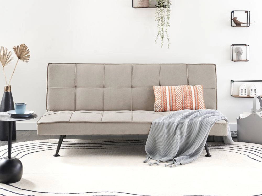 Divano letto in tessuto beige a 3 posti con imbottitura trapuntata Letto per ospiti senza braccioli con chiusura a scatto
