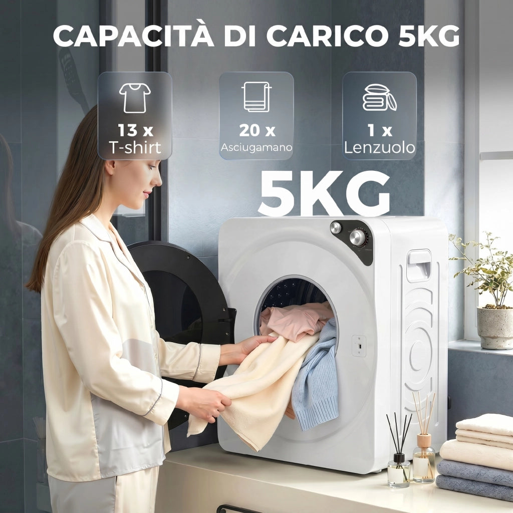 Asciugatrice Portatile 49x43x61 cm Potenza 1000W con 5 Programmi e Timer in PCM e Acciaio Inox Bianco