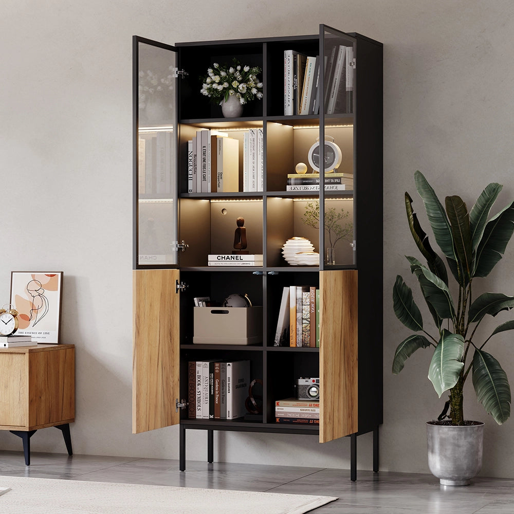 Armadio vetrina con illuminazione LED - Xylo - 180 cm - Nero/Quercia - 5 ripiani in vetro per collezioni