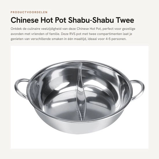 Pentola per Hot Pot - Shabu-Shabu - Due Camere - 30cm - Adatta per 4-5 Persone - Induzione/Gas/Forno Elettrico - Argento