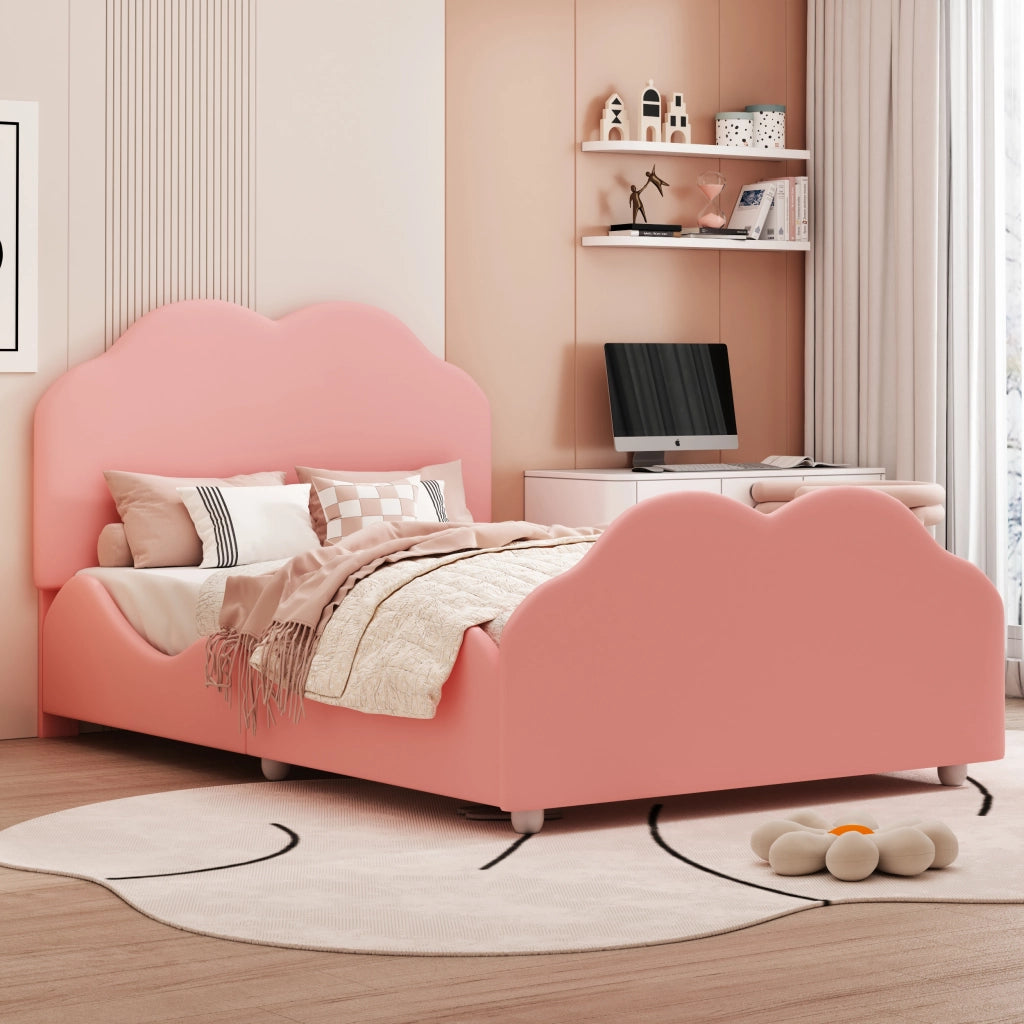 Letto per bambini singolo 90×200 cm in velluto con sponda; struttura in legno; senza materasso; rosa