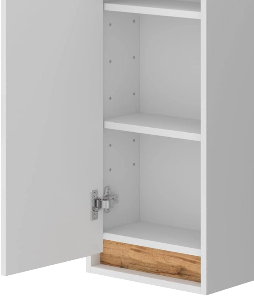 Mobile bagno Detmold, Bianco lucido/oro power oak, 81.6 x 35 cm con porta, adatto per montaggio a parete e combinabile con la serie Detmold