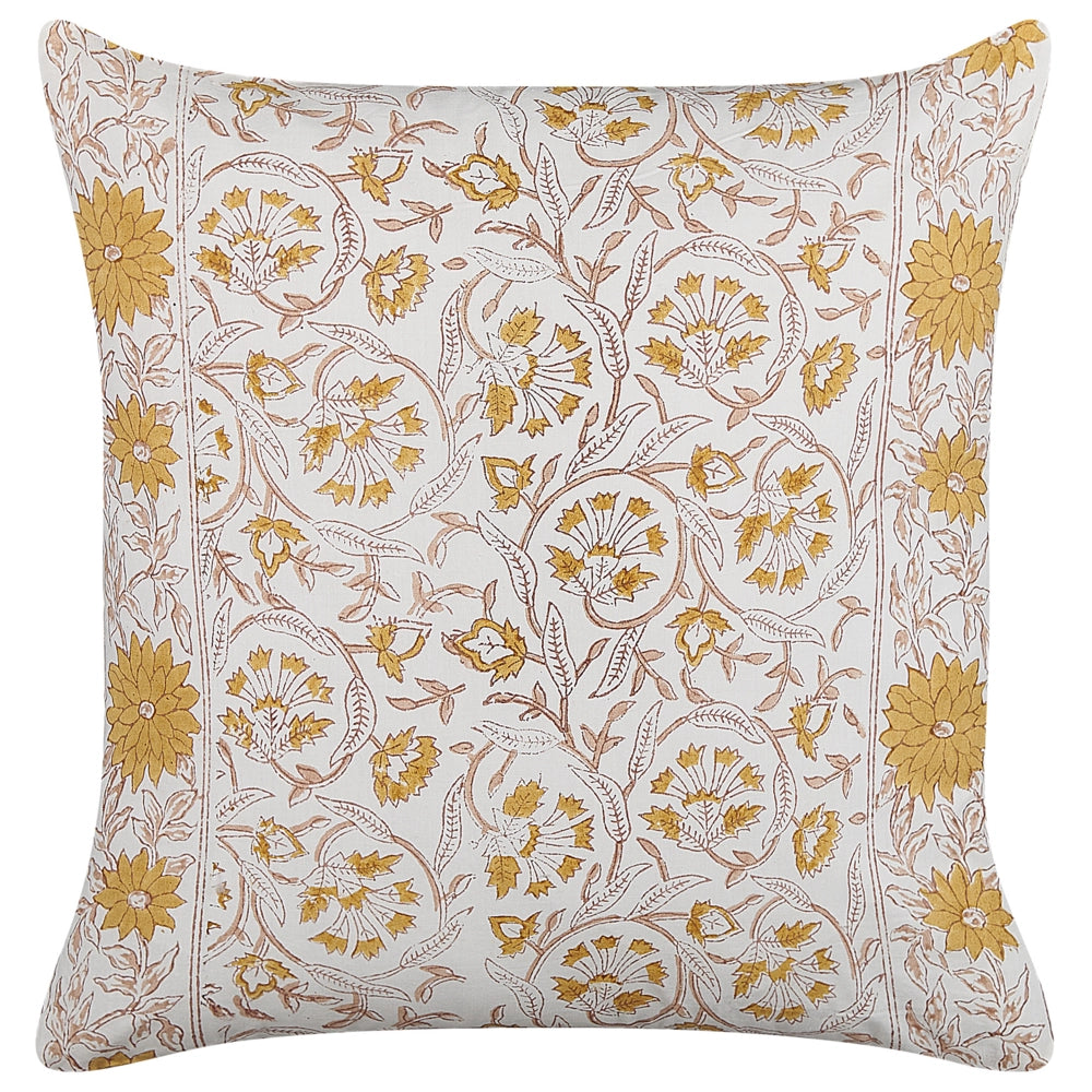 Cuscino decorativo cotone bianco e giallo 45 x 45 cm motivo floreale fatto a mano rivestimento sfoderabile con imbottitura boho style
