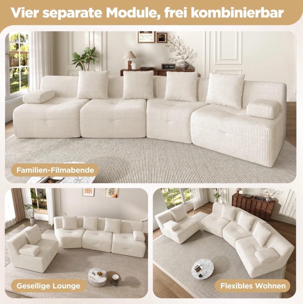 Divano modulare 4 posti in velluto a coste beige chiaro