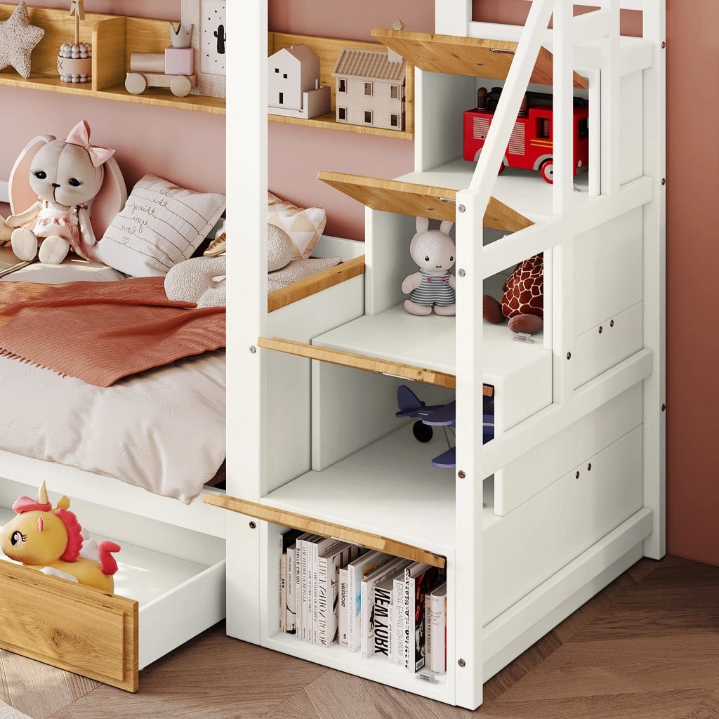 Letto a Castello 90x200 cm; Letto Singolo 2 Posti; Scala Contenitore; 2 Cassetti; Bianco e Naturale