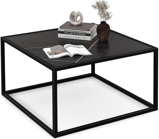 Tavolino da Salotto in Legno, Tavolino Basso con Piano in Finto Marmo e Struttura in Acciaio, Tavolino Basso per Soggiorno e Ufficio, Portata Massima 45 kg, 70 x 70 x 40 cm (Nero)