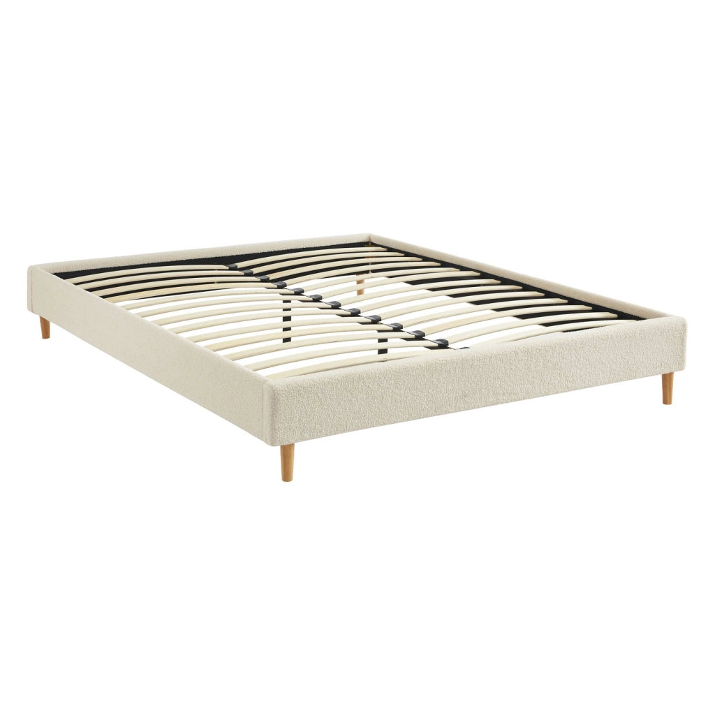 Struttura letto con rete a doghe, finitura bouclé, bianco, bianco