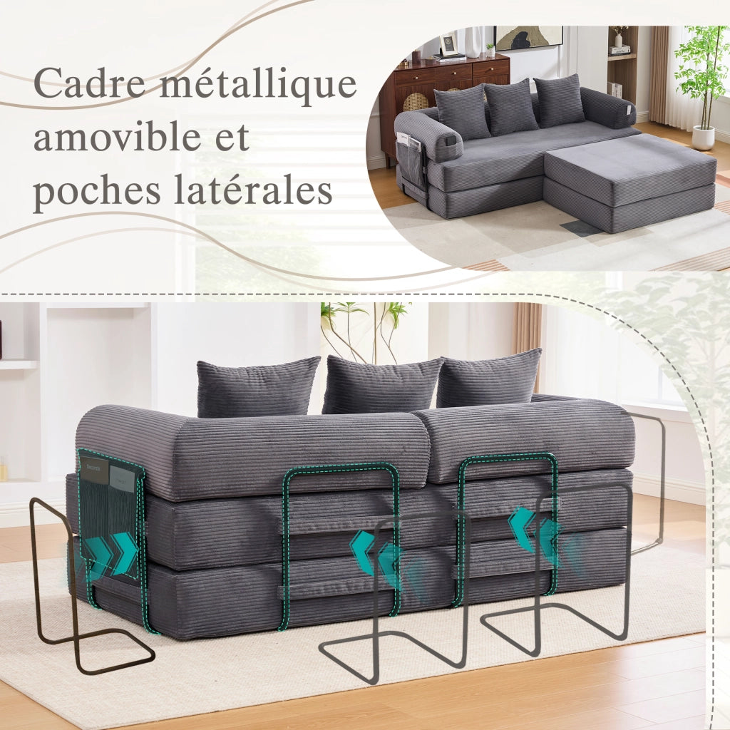 Divano modulare con pouf e tasca laterale - con 3 cuscini - in velluto a coste - grigio scuro