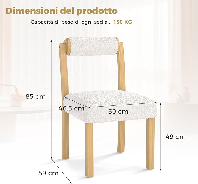 Set di 2 Sedie da Pranzo, Sedie con Schienale Cilindrico, Rivestimento e Struttura in Legno di Gomma per Cucina, Sala da Pranzo e Bar