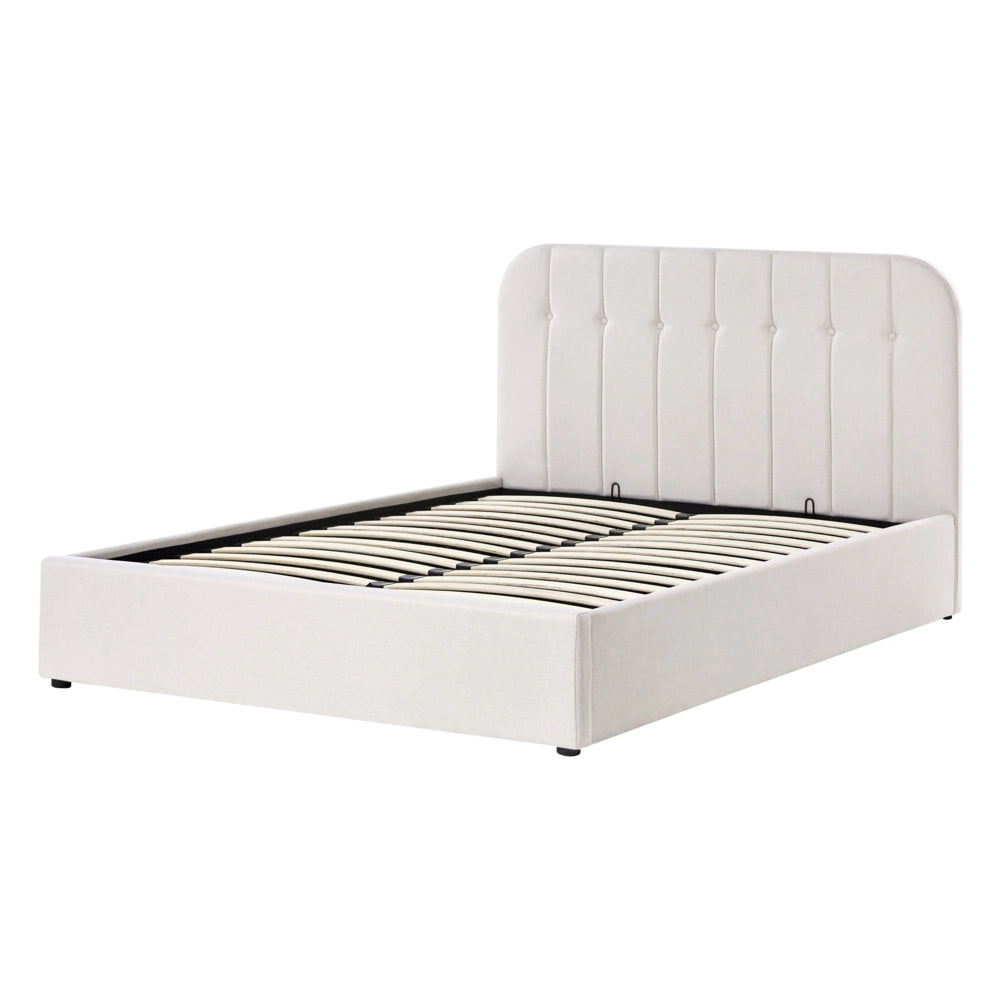 Letto Matrimoniale con Contenitore in tessuto bianco sporco 140 x 200 cm con testiera a doghe
