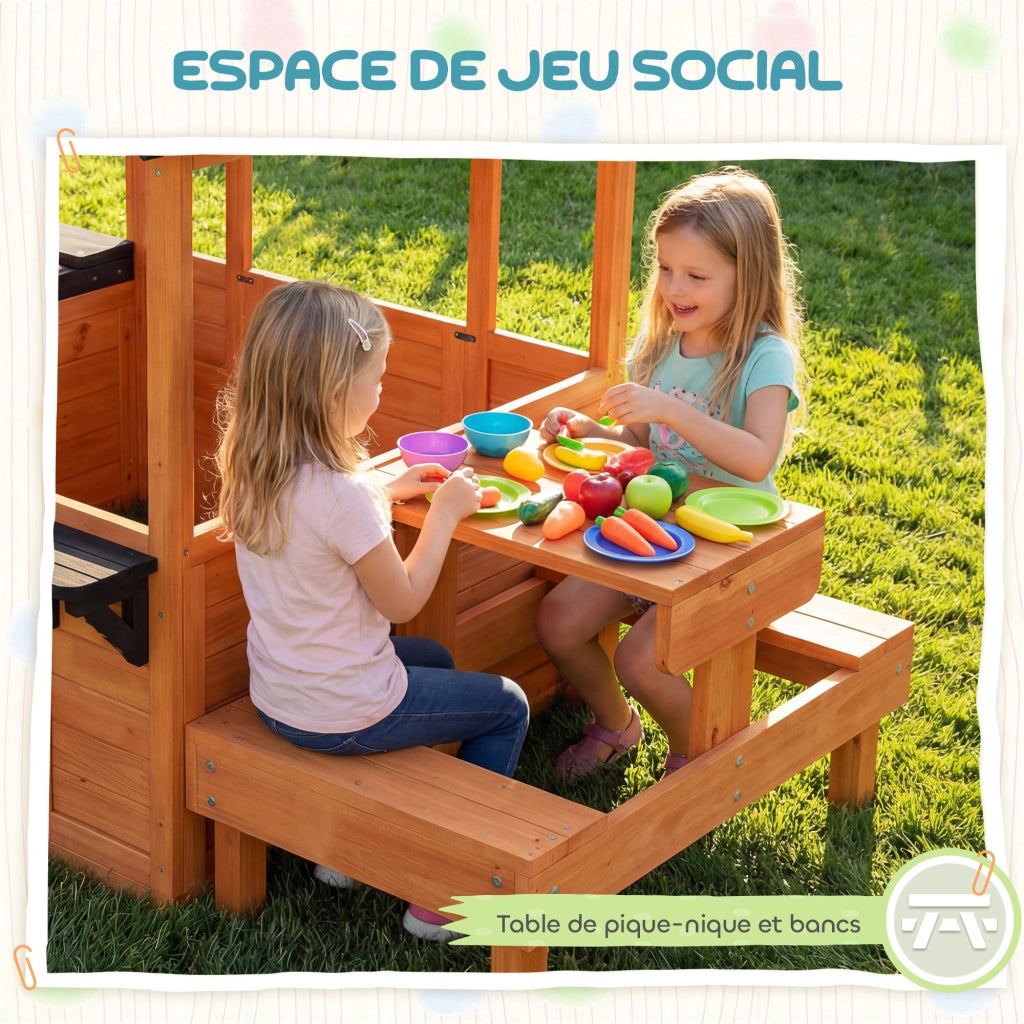 Casetta per bambini in legno con tavolo, panche e fioriere ¨C zephmum ¨C marrone