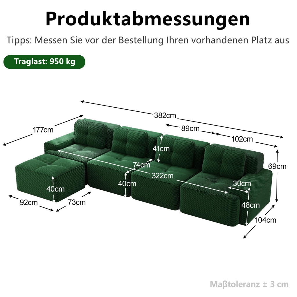 Divano modulare 4 posti con chaise longue a L; senza montaggio; in velluto a coste verde