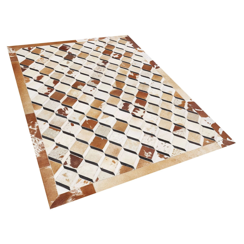 Tappeto da zona Marrone Pelle di vacchetta Patchwork Motivo geometrico a rombi Sottofondo in feltro 140 x 200 cm Paese moderno