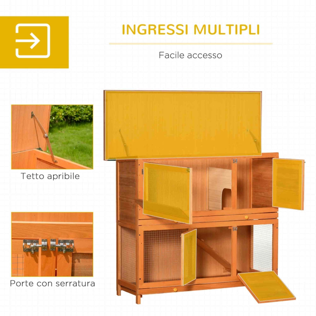 Conigliera da Esterno 122x48x100 cm con Casetta e Recinto a 2 Piani in Legno