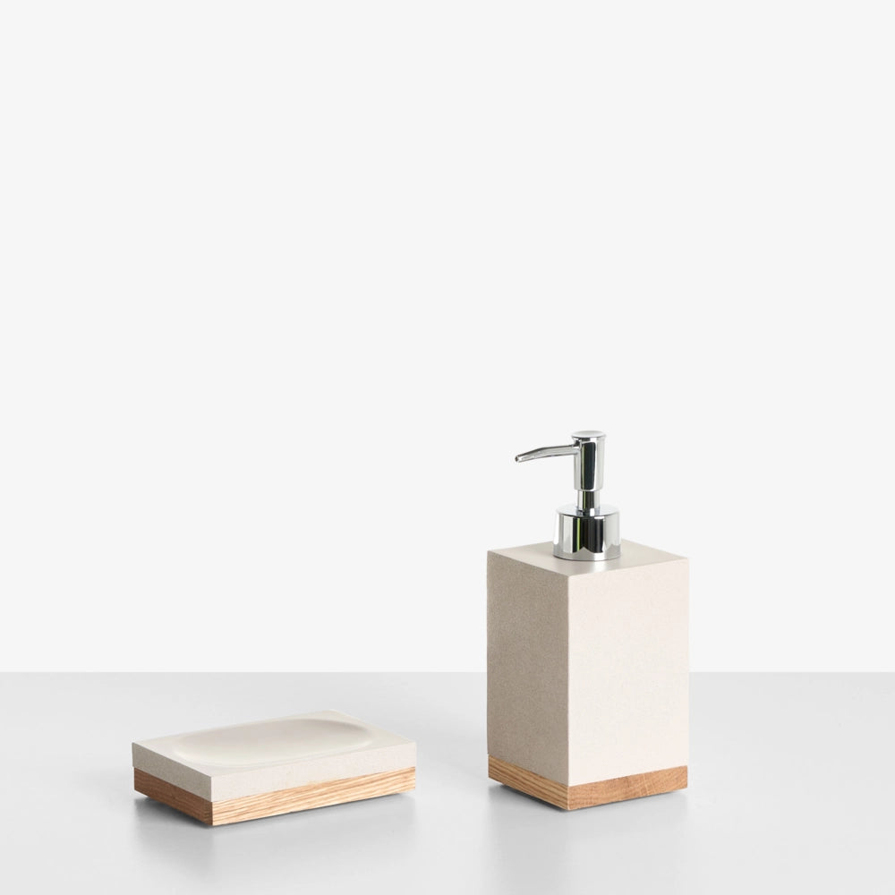Set di 5 accessori da bagno con portasapone, dispenser, scopino, bicchiere e portaspazzolini beige