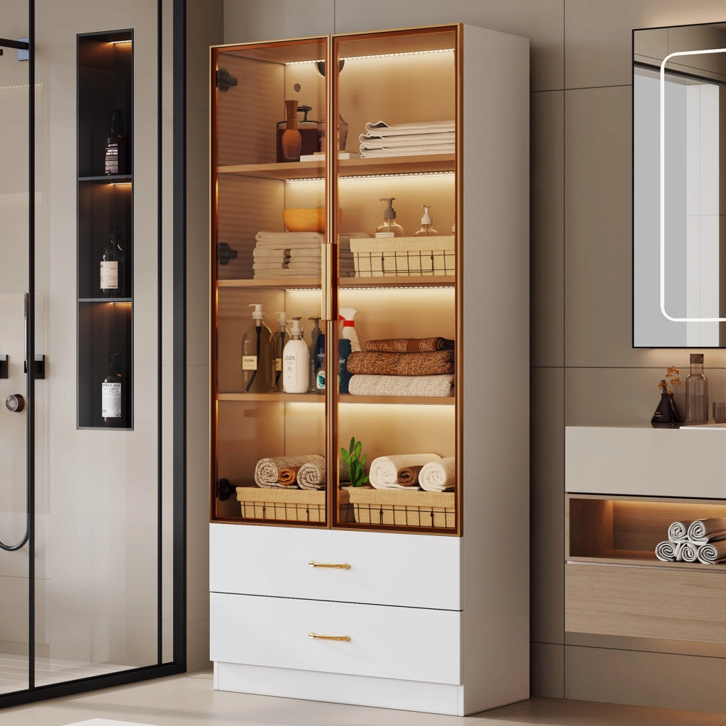 Armadietto da bagno in MDF bianco con vani aperti e 2 ante in vetro temperato per bagno studio e ingresso moderno