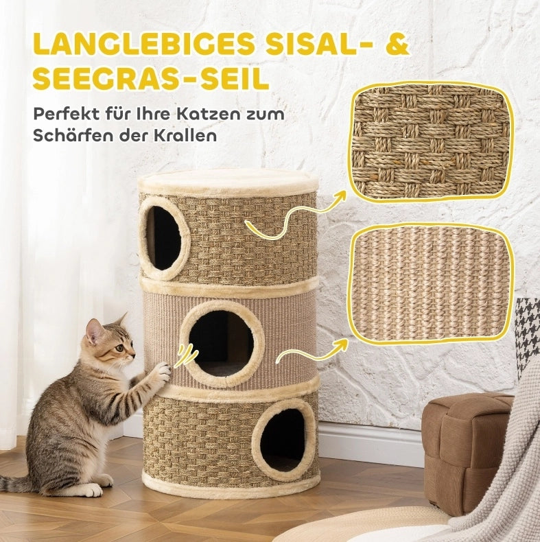Torre tiragraffi a 3 livelli in poliestere khaki e marrone, 79 cm