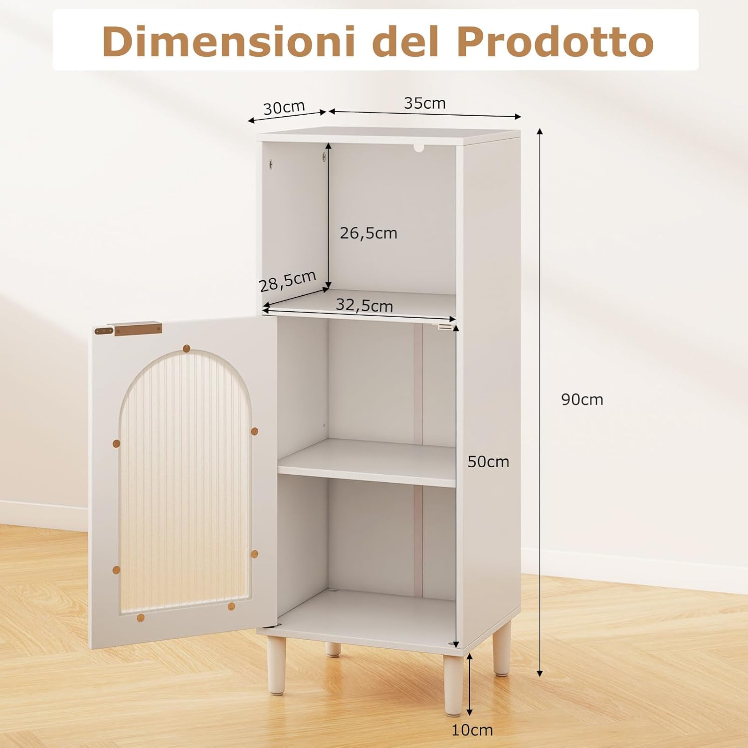 Armadietto da Bagno 35 x 30 x 90 cm, Mobiletto Bagno Salvaspazio in Legno con Anta in Vetro Temperato e Ripiano Regolabile, Colonna Salvaspazio per Corridoio, Soggiorno e Cuccina