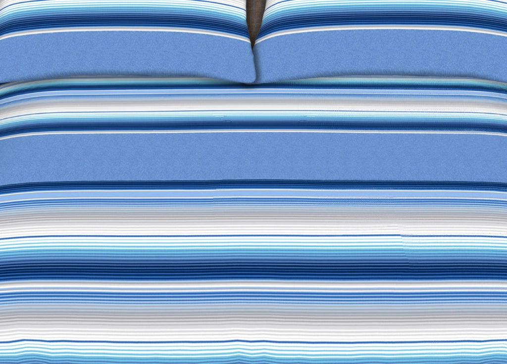 Completo Lenzuola Stiro Facile 100% Cotone Made Italy Effetto Seta Striped - Matrimoniale - Blu