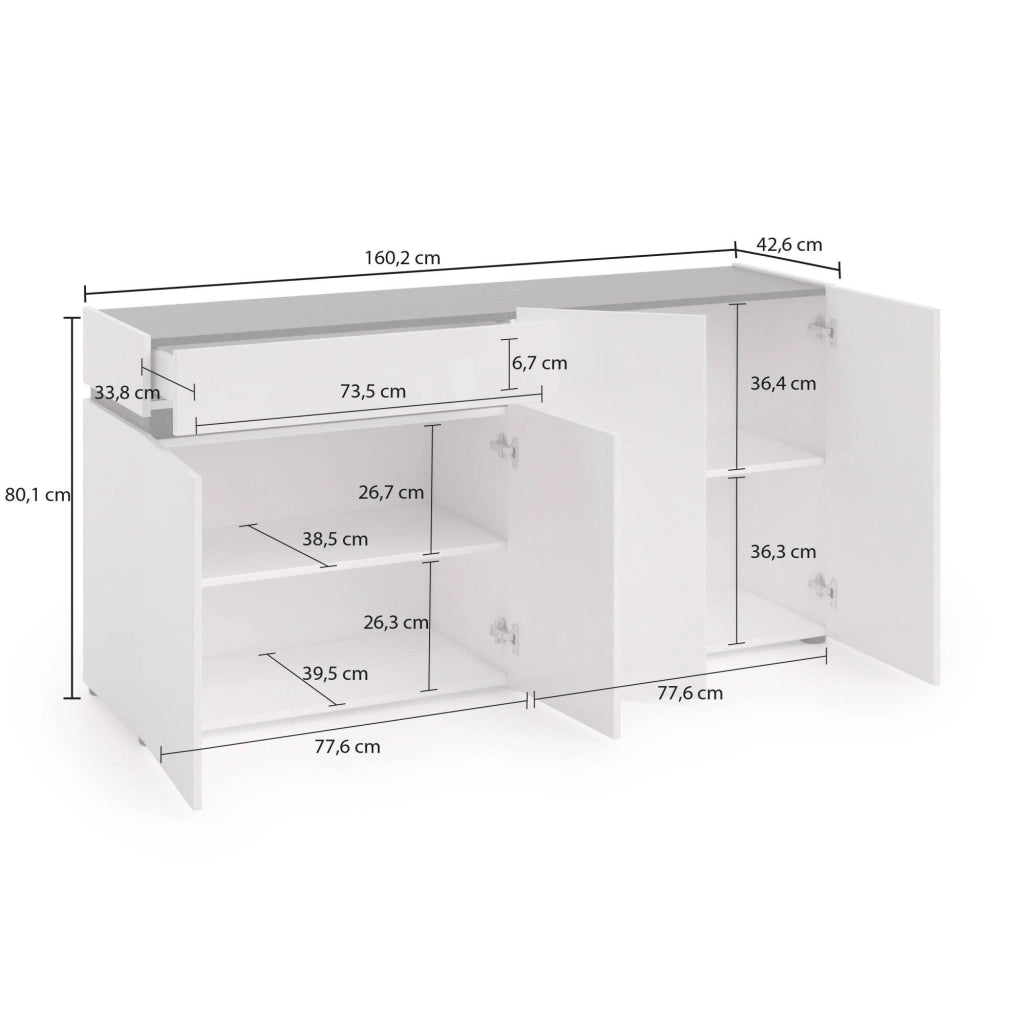 Madia Beinette, Credenza 2 Ripiani Made in Italy, 160x42x80h cm Bianco Lucido