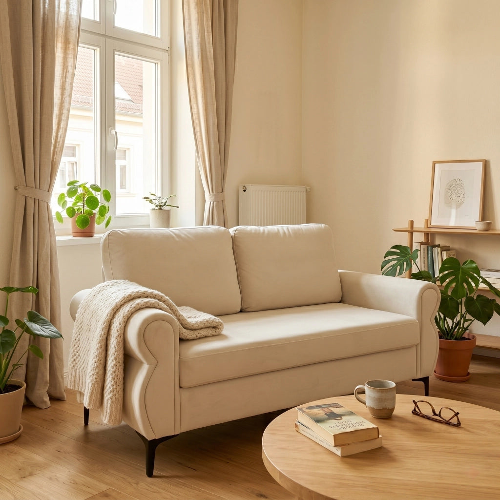 Divano lineare con seduta ergonomica e cuscini sfoderabili in tessuto bianco crema