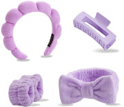 Set di asciugamani per viso morbidi con fascia per polso, fascia per viso antiscivolo, fascia per capelli, clip per capelli, fascia per capelli con fascia per polso, adatto per make-up e cura della pelle, colore viola