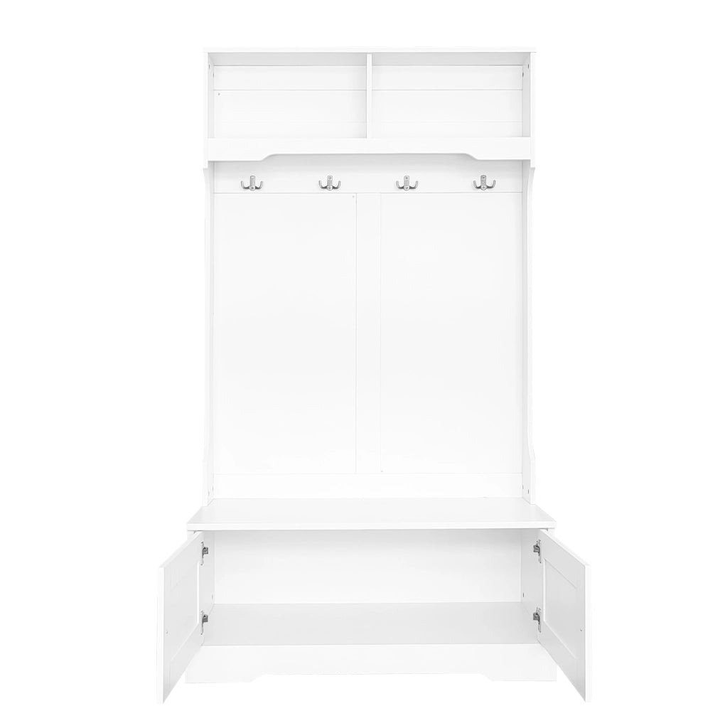 Mobile da ingresso con panca; 4 ganci e 2 vani aperti; 101;5 x 183 cm; bianco