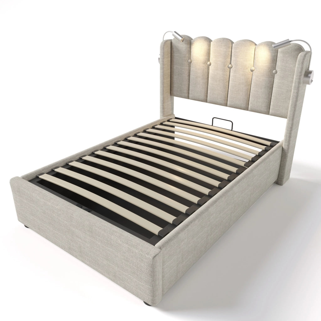 OKWISH Letto contenitore 90×200 cm, Letto Singolo con Testiera, Lampada da Lettura e USB, senza Materasso, in Lino, Naturale