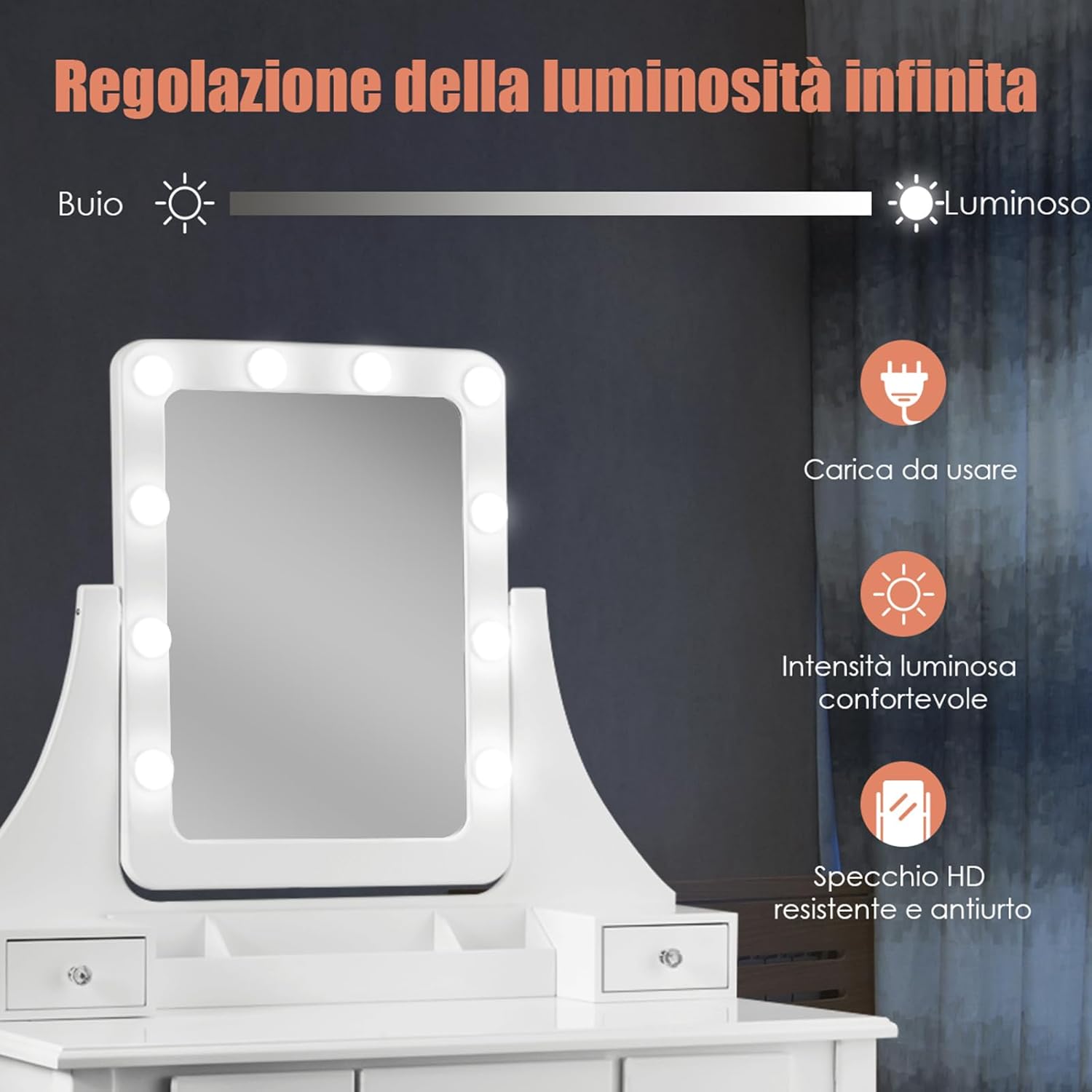 Toeletta Trucco con Specchio Girevole a 360° e 10 Luci LED, Postazione Trucco con Sgabello Imbottito, 5 Cassetti e Organizzatori, Tavolo da Trucco Moderno, 136x80x40cm (Bianco)