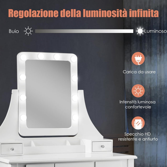 Toeletta Trucco con Specchio Girevole a 360° e 10 Luci LED, Postazione Trucco con Sgabello Imbottito, 5 Cassetti e Organizzatori, Tavolo da Trucco Moderno, 136x80x40cm (Bianco)