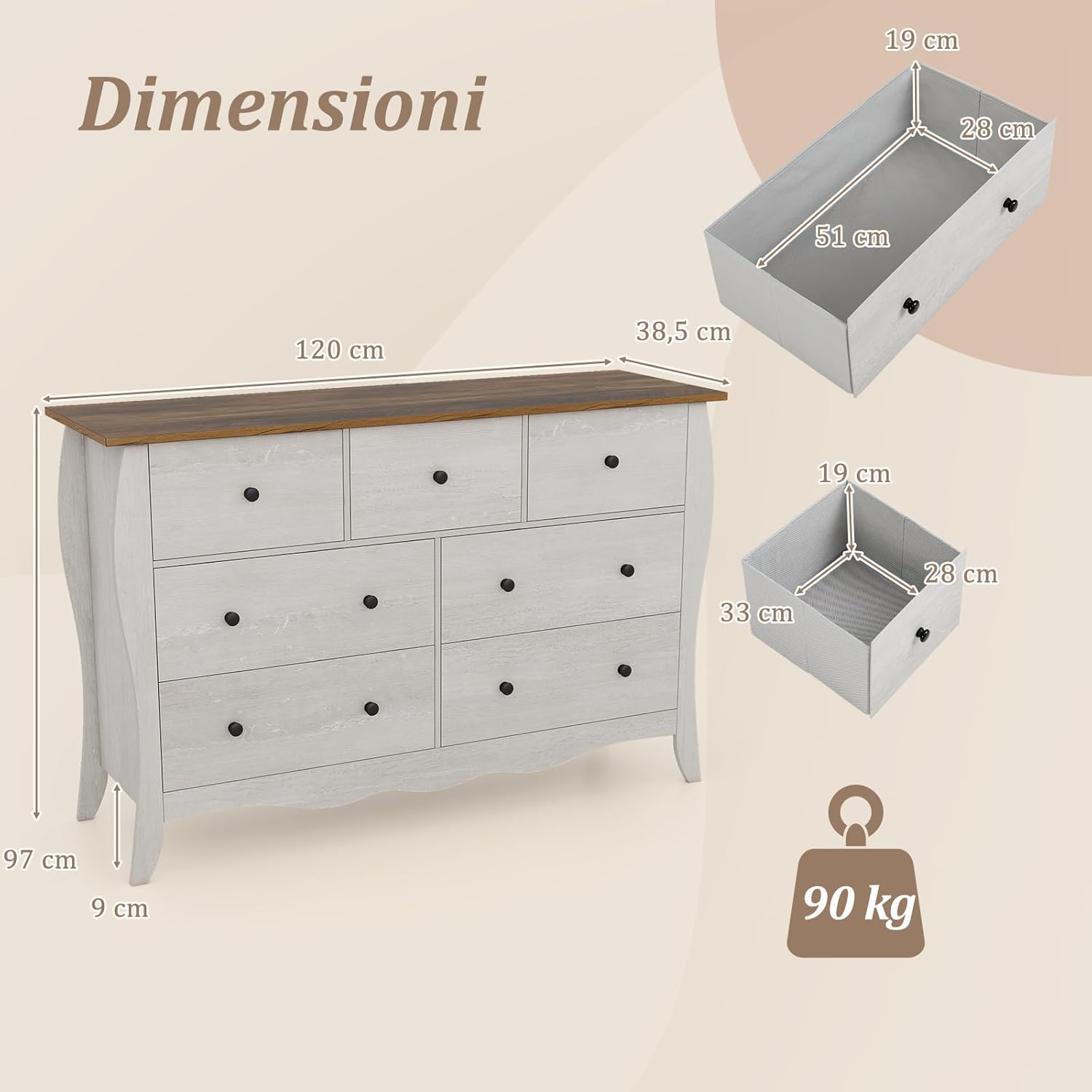 Cassettiera a 7 Cassetti in Tessuto, Cassettiera per Camera da Letto in Legno Rustico, Cassettiera Cameretta Salvaspazio per Soggiorno, Corridoio, Cucina, 120 x 38,5 x 77,5 cm (Grigio)