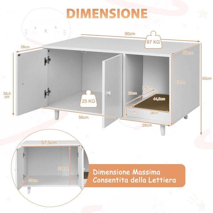 Mobile per Lettiera per Gatti 90 x 50 x 50 cm, Cassetta Igienica per Gatti con Doppia Anta, Divisore, Ingresso Avvolgibile, Tiragraffi e Gambe di Metallo Solido (Bianco)
