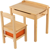 Set Tavolo e Sedia per Bambini, Scrivania Ribaltabile con Sedia per Bambini in Legno, con Cassetto e Gancio Estraibile, Bianco/Naturale (Naturale)