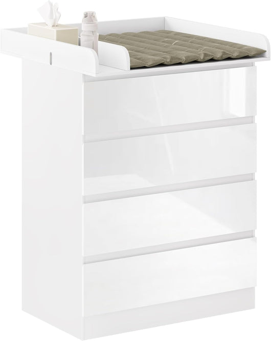 WOLTU Mobile Fasciatoio per Bambini, Cassettiera con 4 Cassetti, Cassettone con Ripiano Fasciatoio Rimovibile, in Legno MDF e Truciolare, Bianco+Evidenzia Bianco
