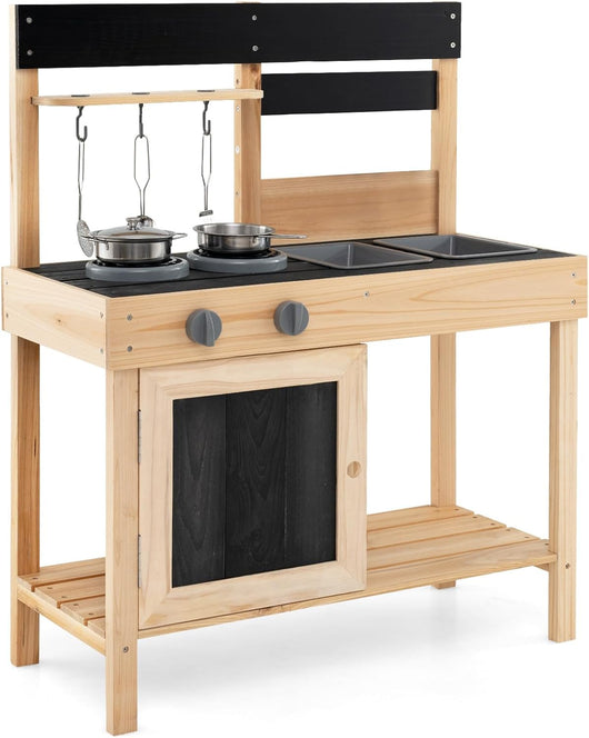 Cucina Giocattolo Bambini, Cucina da Esterno in Legno con 2 Lavandini Removibili, Piano Cottura e Utensili e Spazio di Archiviazione, 67 x 30 x 82 cm