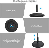 Base per Ombrellone da Giardino 22 kg, Supporto per Ombrellone da Esterno in Resina con Pomello Regolabile, Base Rotonda per Ombrellone 38mm/48 mm, 52 x 36 cm