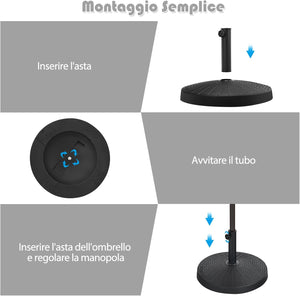 Base per Ombrellone da Giardino 22 kg, Supporto per Ombrellone da Esterno in Resina con Pomello Regolabile, Base Rotonda per Ombrellone 38mm/48 mm, 52 x 36 cm